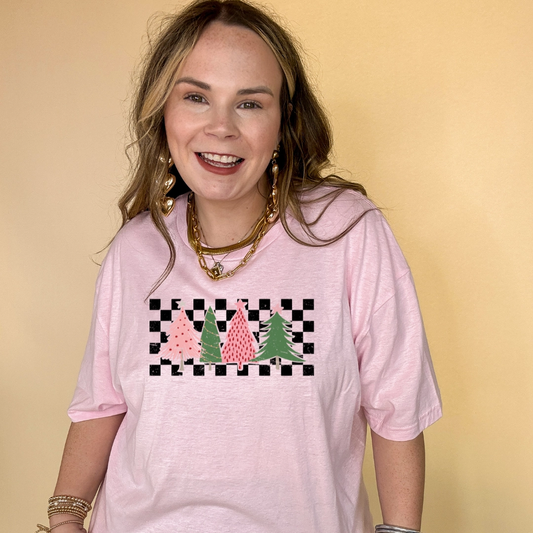 Sophisticated Casual Online Exclusive | Holiday Trees on Checkered Background Graphic Tee in Multiple Color Options
