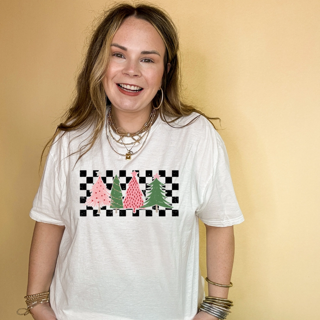 Online Exclusive | Holiday Trees on Checkered Background Graphic Tee in Multiple Color Options Flexible Shoulder Seams Hypoallergenic Textile