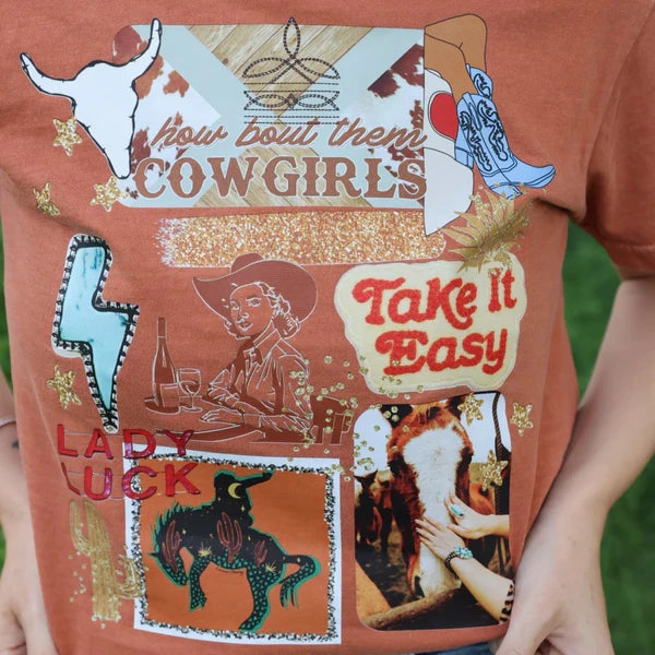 Online Exclusive | How Bout Them Cowgirls Collage Graphic on Short Sleeve Comfort Color Tee in Yam Orange Flexible Neckline NonIrritatingTags