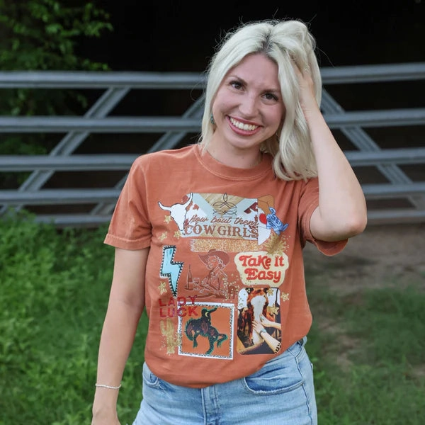 Online Exclusive | How Bout Them Cowgirls Collage Graphic on Short Sleeve Comfort Color Tee in Yam Orange Everyday apparel