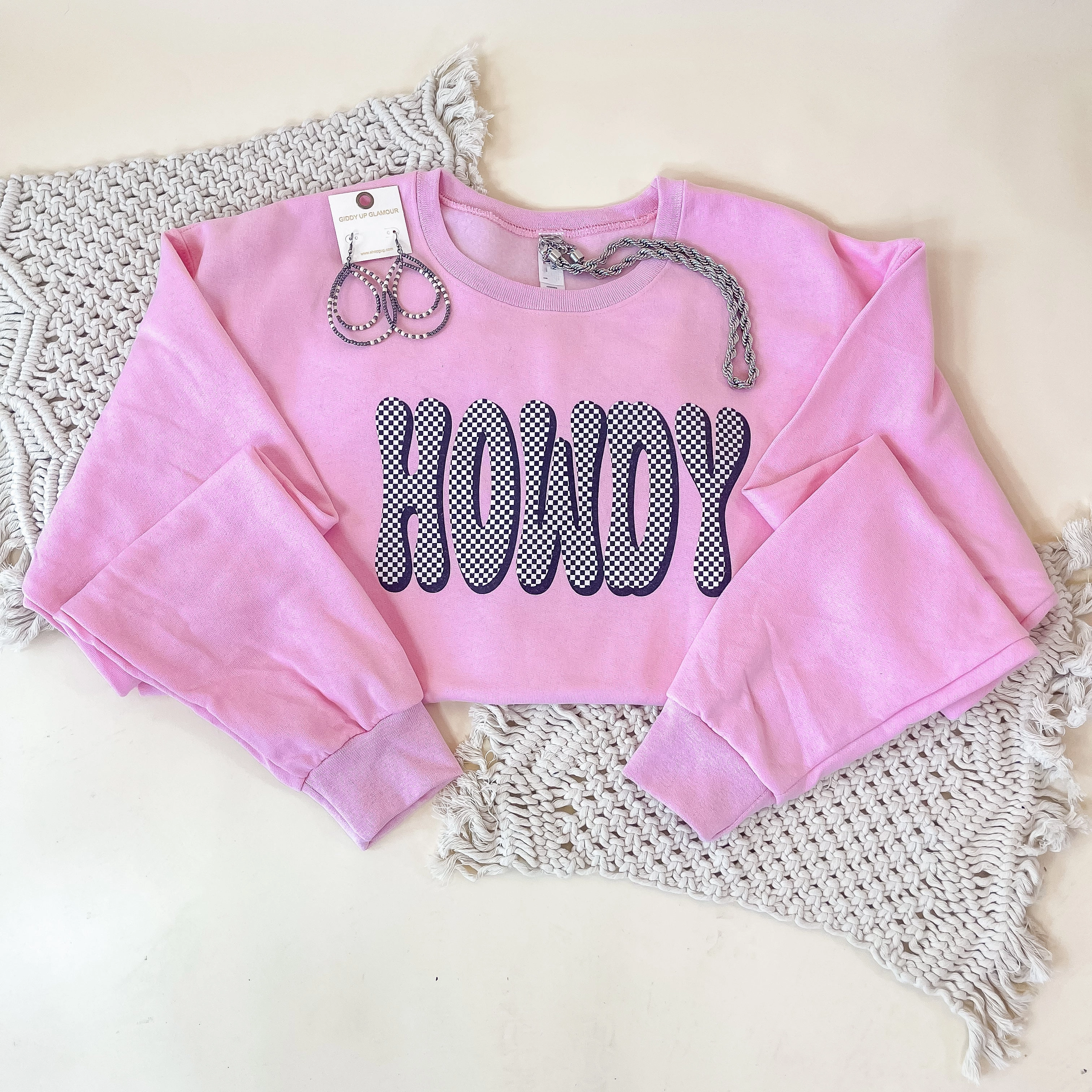 Online Exclusive | Howdy Checkered Print Graphic Sweatshirt in Pink Breathable apparel UV protected