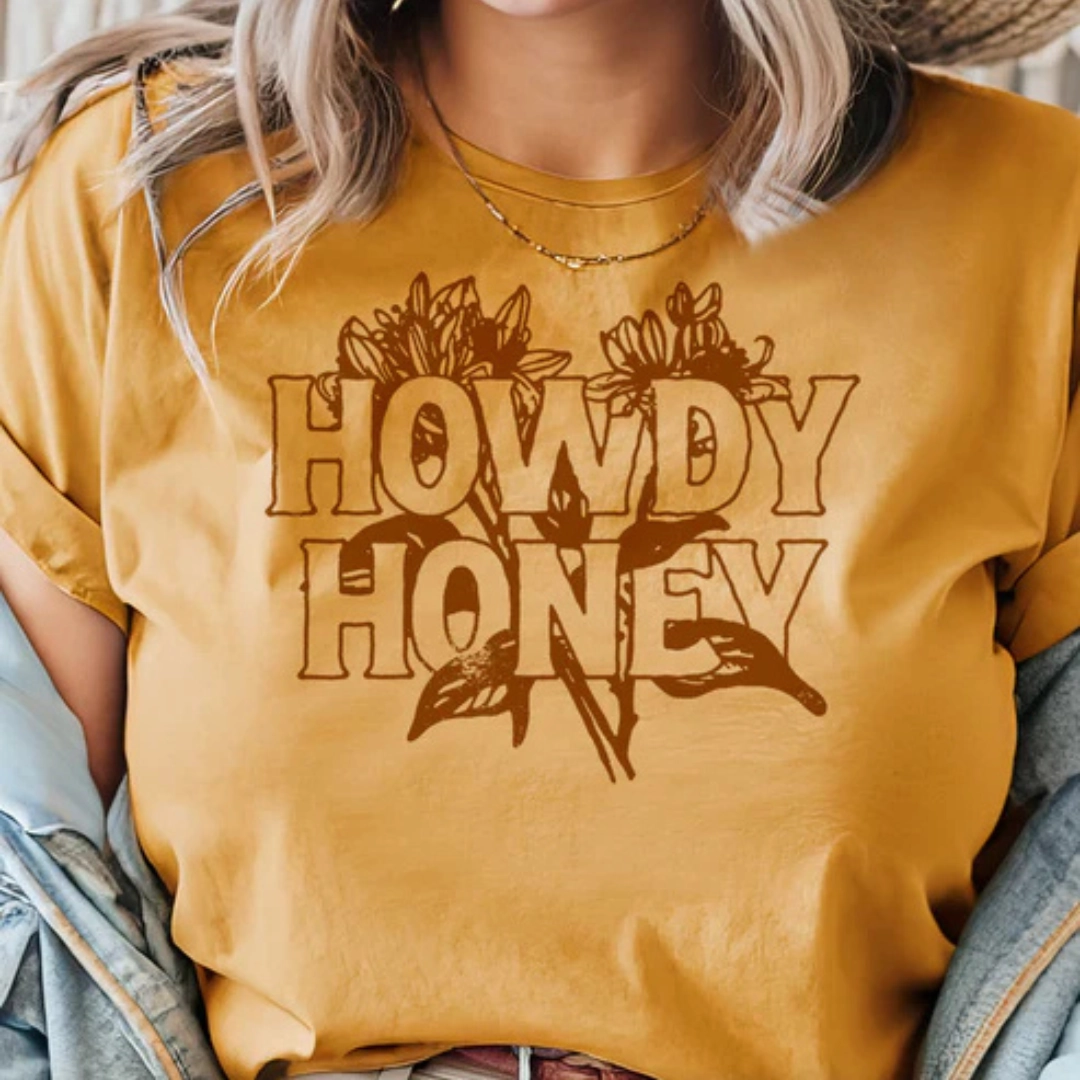 Online Exclusive | Howdy Honey Floral Graphic Tee in Mustard Simple yet stylish EasyCareFinish