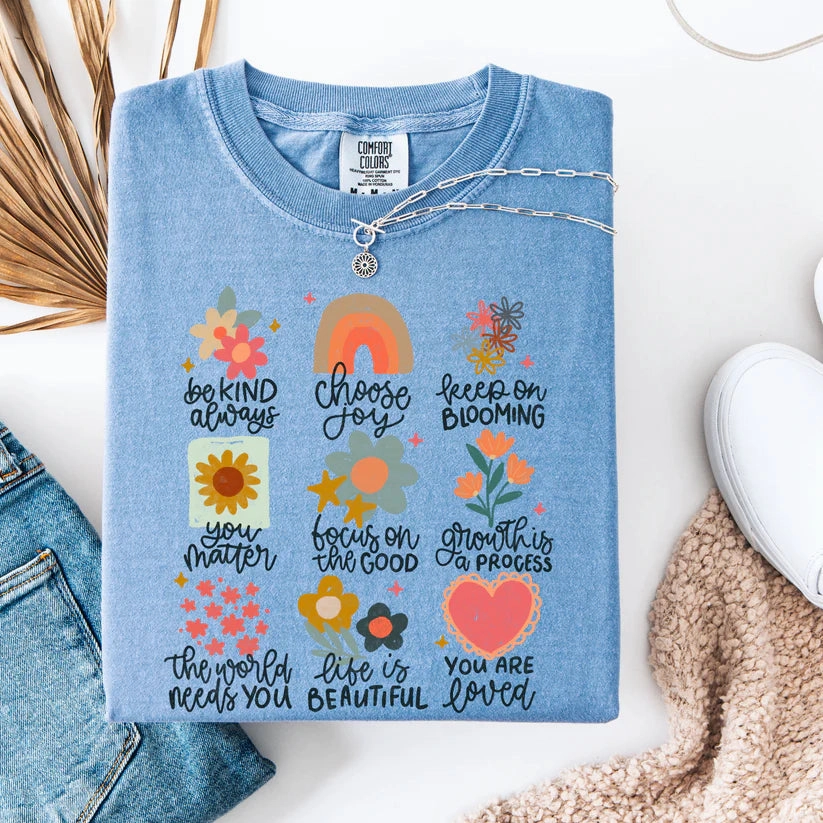 Breathable Mesh Panels Easy Layer Online Exclusive | Inspirational Flowers and Rainbow Comfort Color Graphic Tee in Mystic Blue