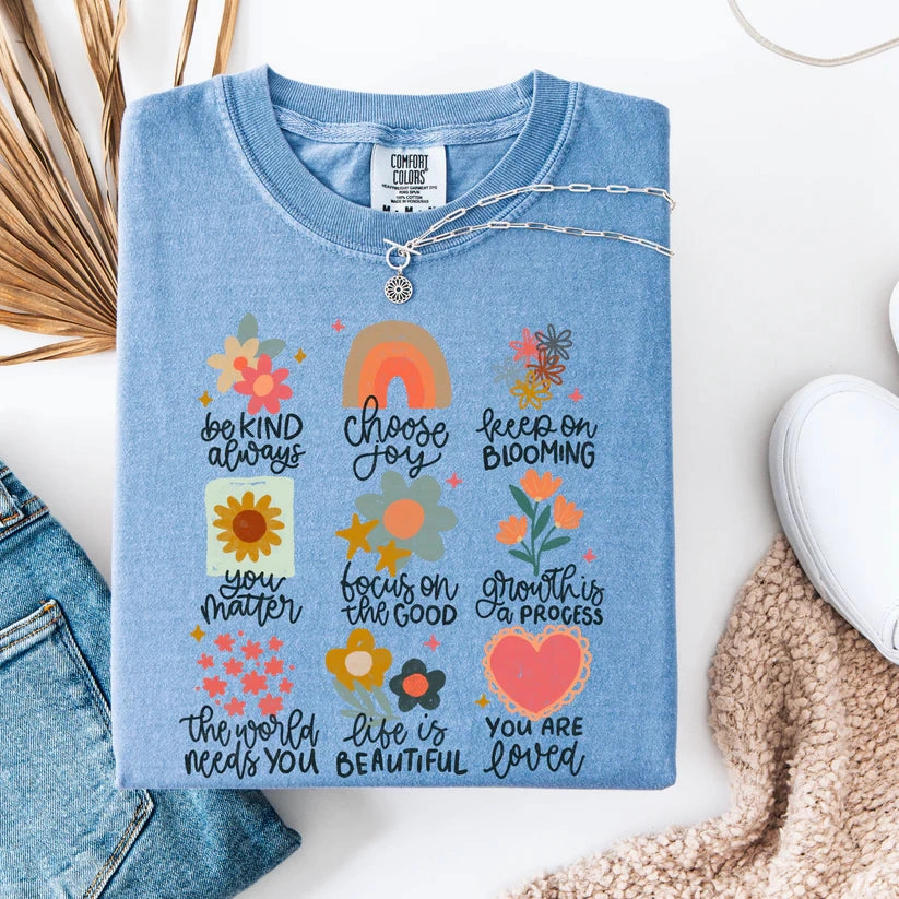 Timeless casual wear Online Exclusive | Inspirational Flowers and Rainbow Comfort Color Graphic Tee in Mystic Blue