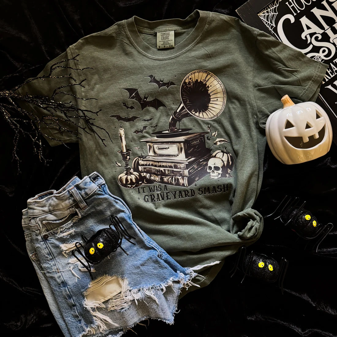 Laser Cut Edges Comfy Flex Online Exclusive | It Was A Graveyard Smash Graphic on Short Sleeve Comfort Color Tee in Moss Green
