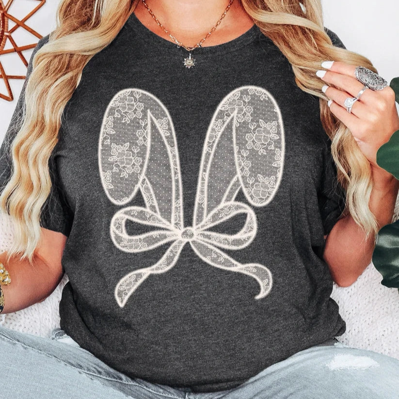 Online Exclusive | Lace Bunny Ears and Bow Graphic Tee in Dark Heather Grey budget-friendly
