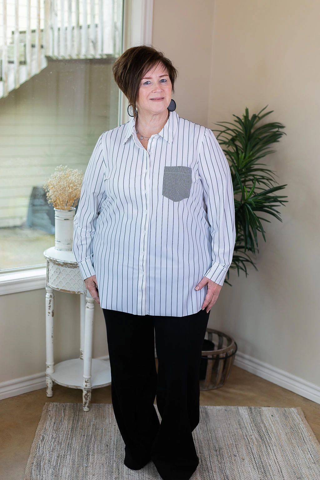 Online Exclusive | Lysse Mixed Stripe Schiffer Button Down Dress Shirt in Black & White StaticResistant Material Lightweight insulation