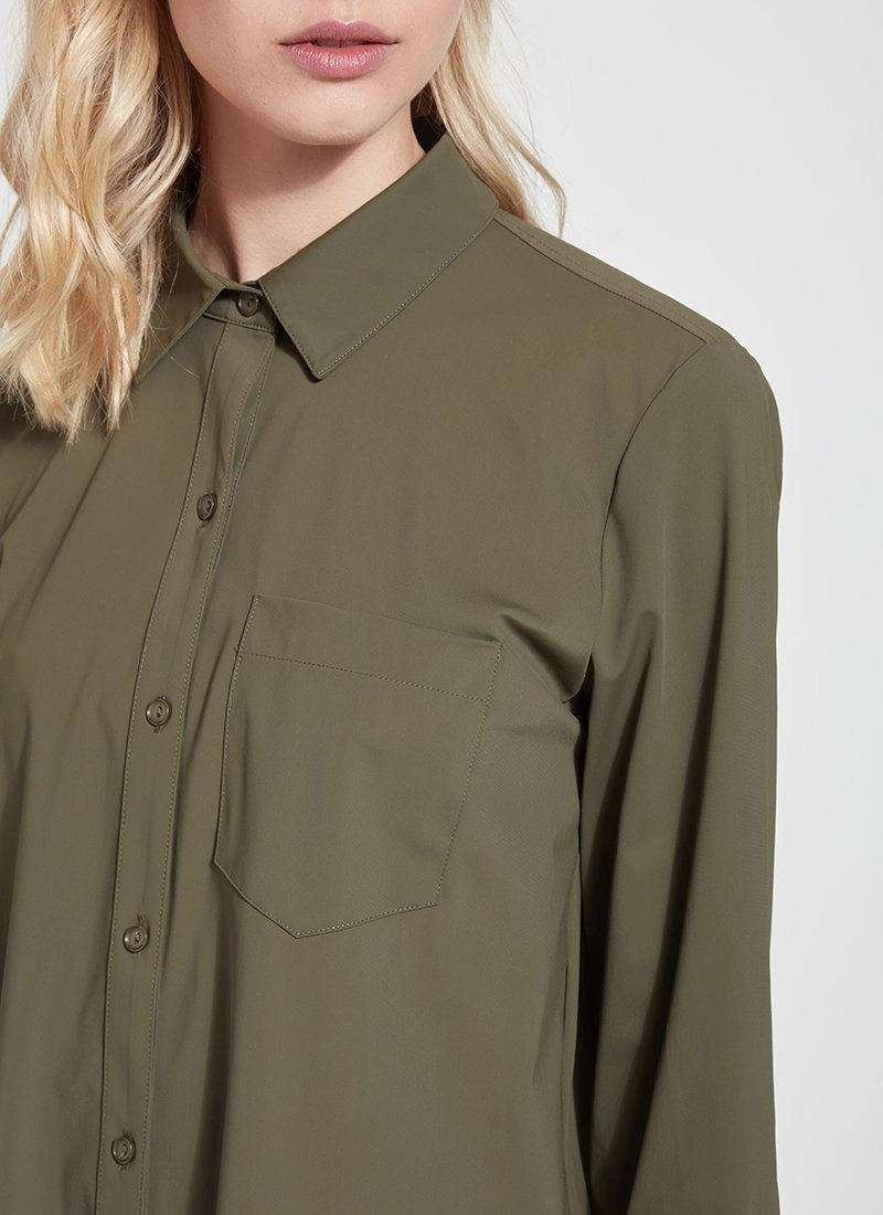 RawHemDetail MultipanelLayout Online Exclusive | Lysse Schiffer Button Down Dress Shirt in Olive Green