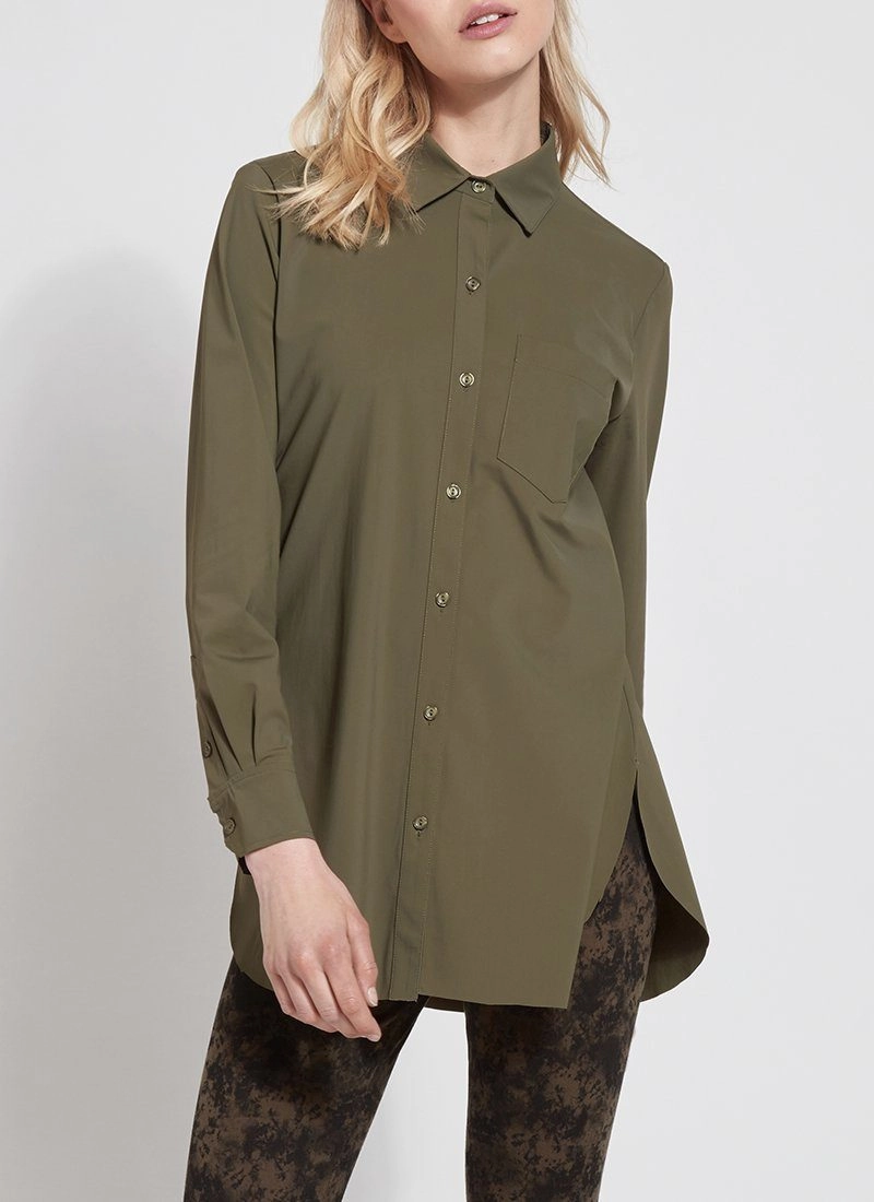 PortableOption Flexible Waistband Adaptation Online Exclusive | Lysse Schiffer Button Down Dress Shirt in Olive Green