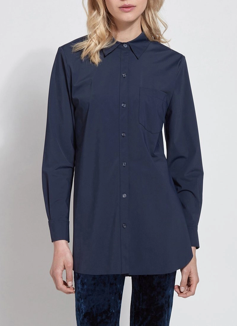 FlatlockSeamTechnique summer top Online Exclusive | Lysse Schiffer Button Down Dress Shirt in Twilight (Navy Blue)