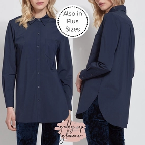 Online Exclusive | Lysse Schiffer Button Down Dress Shirt in Twilight (Navy Blue) ButtonlessClosure PreShrunk Fabric