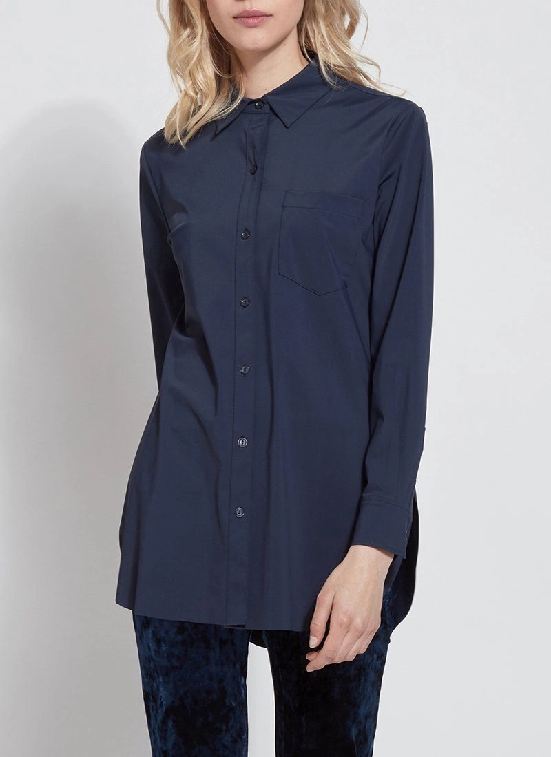 Online Exclusive | Lysse Schiffer Button Down Dress Shirt in Twilight (Navy Blue) Compression Fit Technology