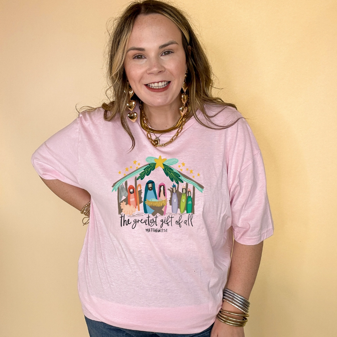 Raw Hem Finish Classic Comfort Online Exclusive | Matthew 1:21 Nativity Scene Graphic Tee in Multiple Color Options