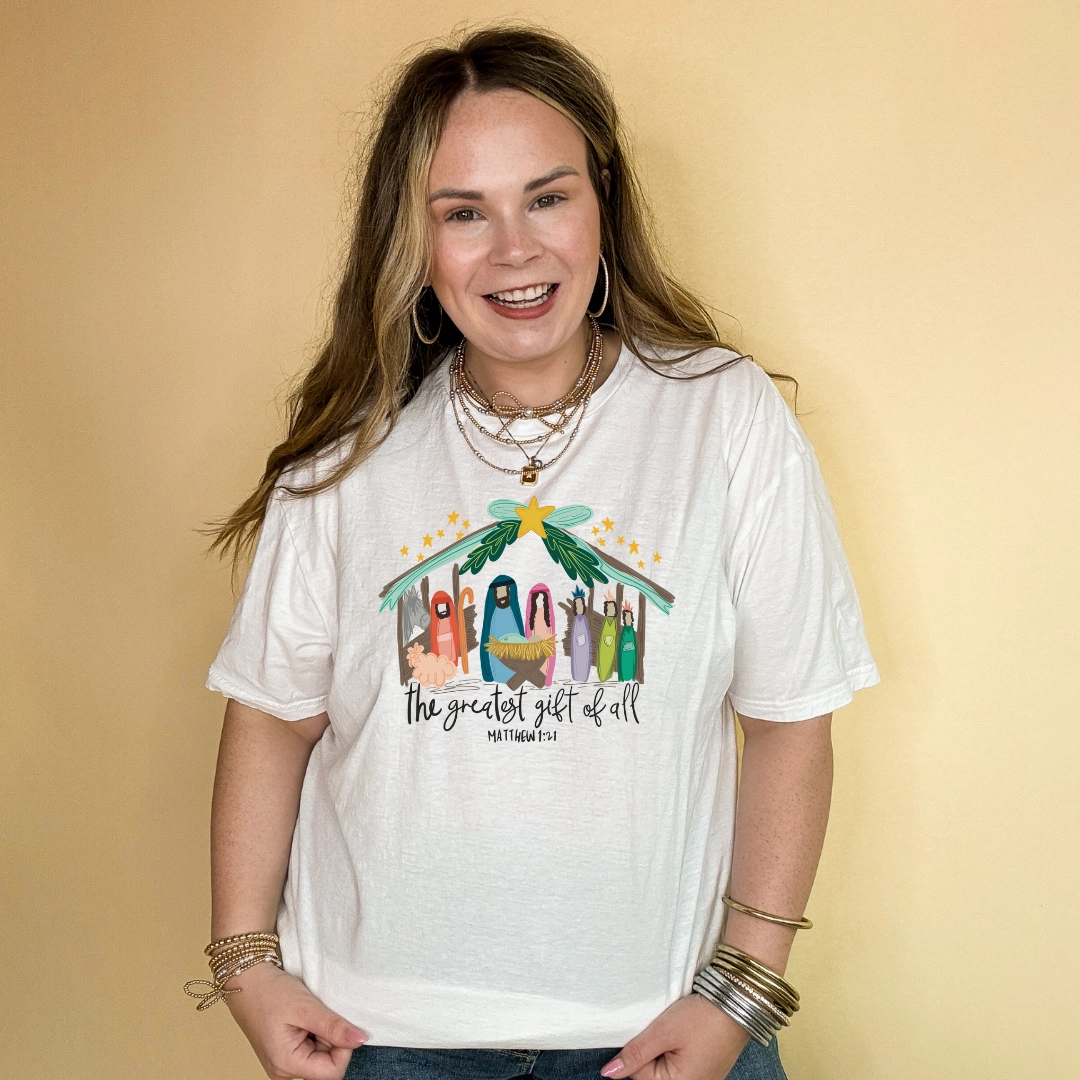 Reinforced Neckline Online Exclusive | Matthew 1:21 Nativity Scene Graphic Tee in Multiple Color Options