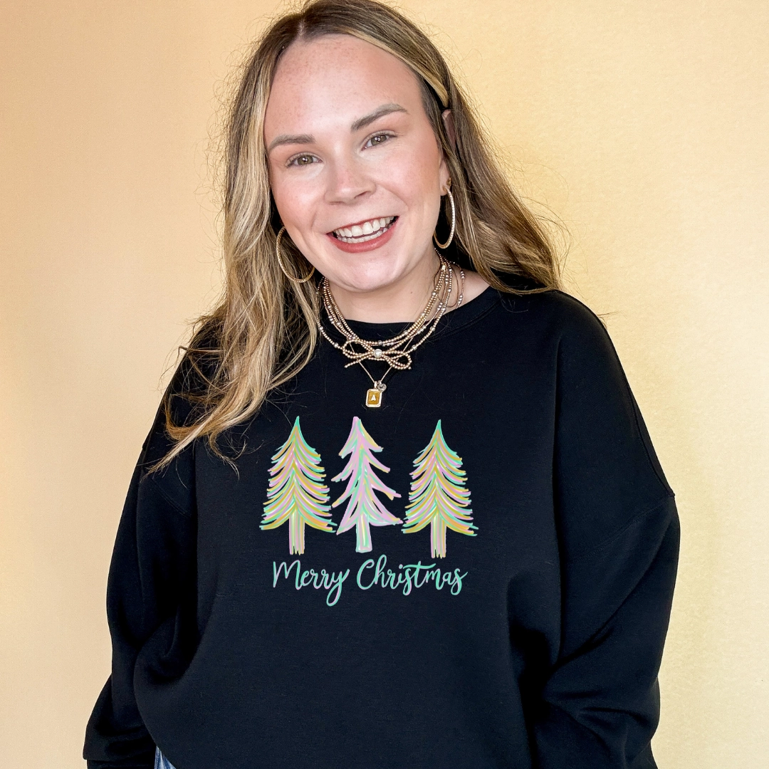 Relaxed Vibes School spirit Online Exclusive | Merry Christmas Pastel Christmas Tree Graphic Sweatshirt in Multiple Color Options
