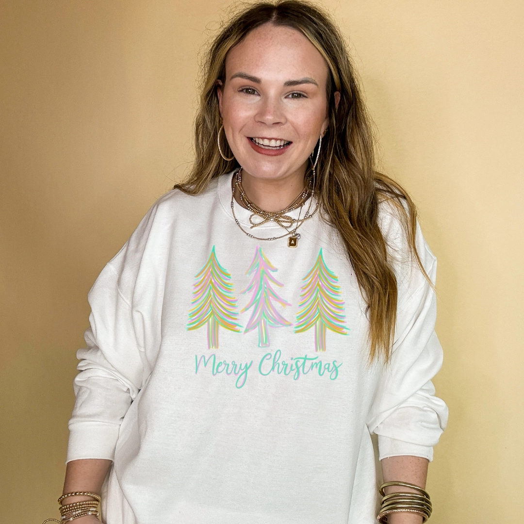 Online Exclusive | Merry Christmas Pastel Christmas Tree Graphic Sweatshirt in Multiple Color Options Elastic Fit