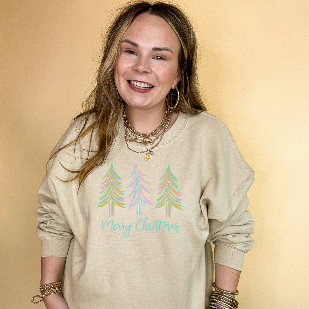Online Exclusive | Merry Christmas Pastel Christmas Tree Graphic Sweatshirt in Multiple Color Options Breathable Wear Fit Beach Outfit