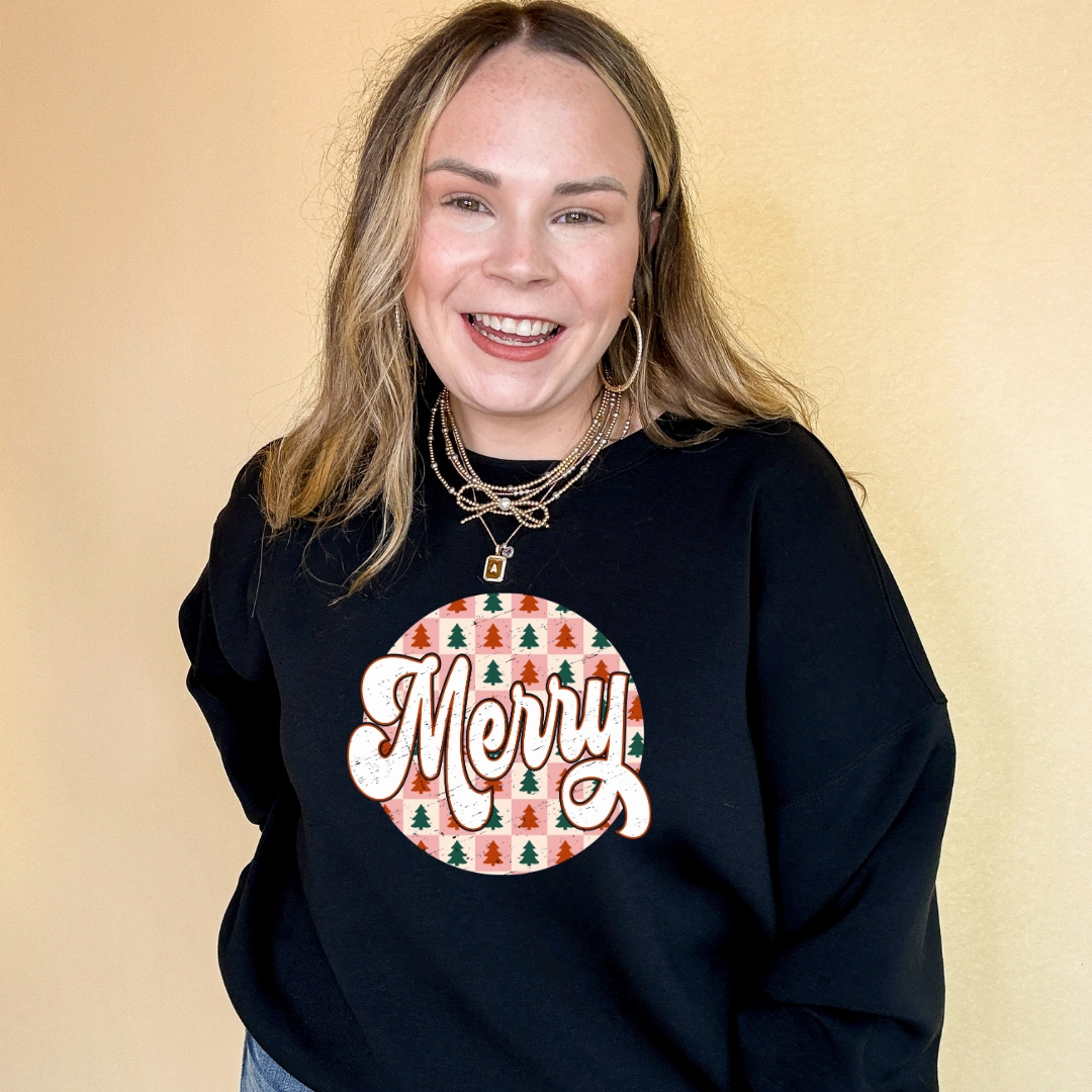 Online Exclusive | Merry on a Christmas Tree Checkered Background Graphic Sweatshirt in Multiple Color Options Casual and cool