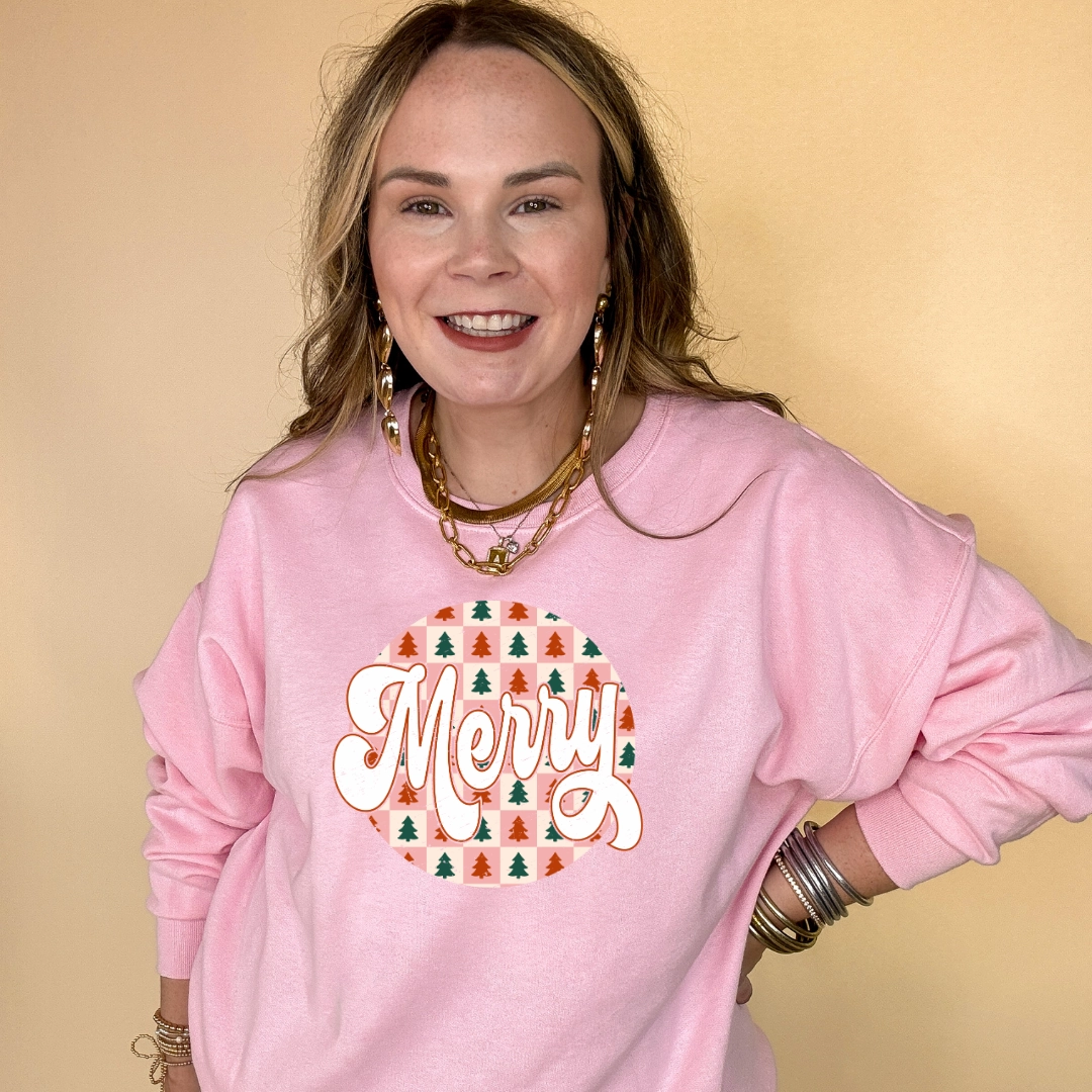 Popular Online Exclusive | Merry on a Christmas Tree Checkered Background Graphic Sweatshirt in Multiple Color Options