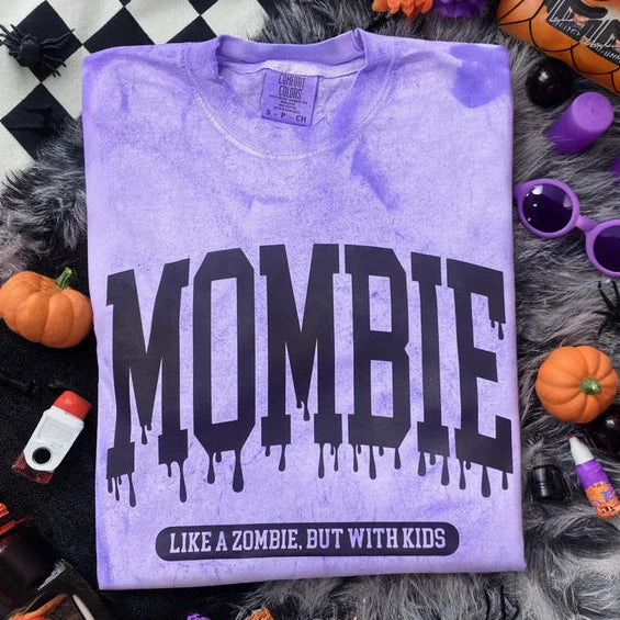 Online Exclusive | Mombie Graphic on Short Sleeve Comfort Color Tee in Purple Acid Wash Customizable