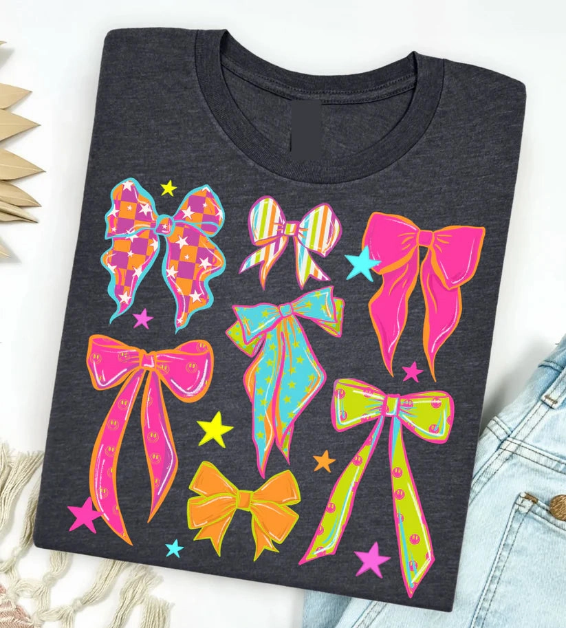 Fashion-Ready Online Exclusive | Neon Bows Short Sleeve Graphic Tee in Heather Graphite