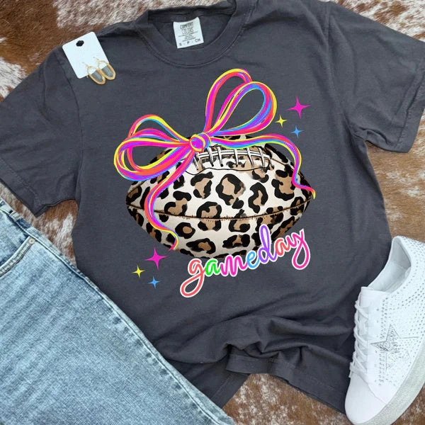 Online Exclusive | Neon Leopard Football Graphic on Short Sleeve Comfort Color Tee in Graphite Grey Formal Elegance Comfortable Design