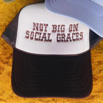 All-Season Comfort Wear Effortless Design Online Exclusive | Not Big On Social Graces Embroidered Trucker Cap in Brown and Tan