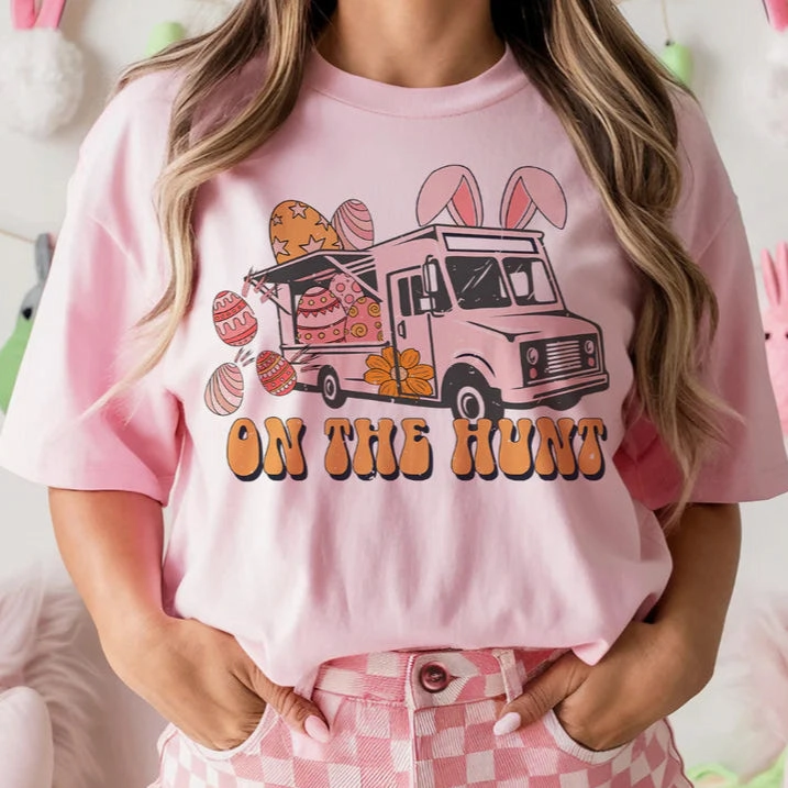 Online Exclusive | On The Hunt Easter Truck Graphic Tee in Light Pink Roomy Comfort Non Restrictive Silhouette
