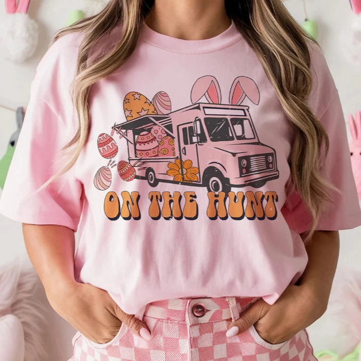 Premium Comfort Foam Print Detail Online Exclusive | On The Hunt Easter Truck Graphic Tee in Light Pink