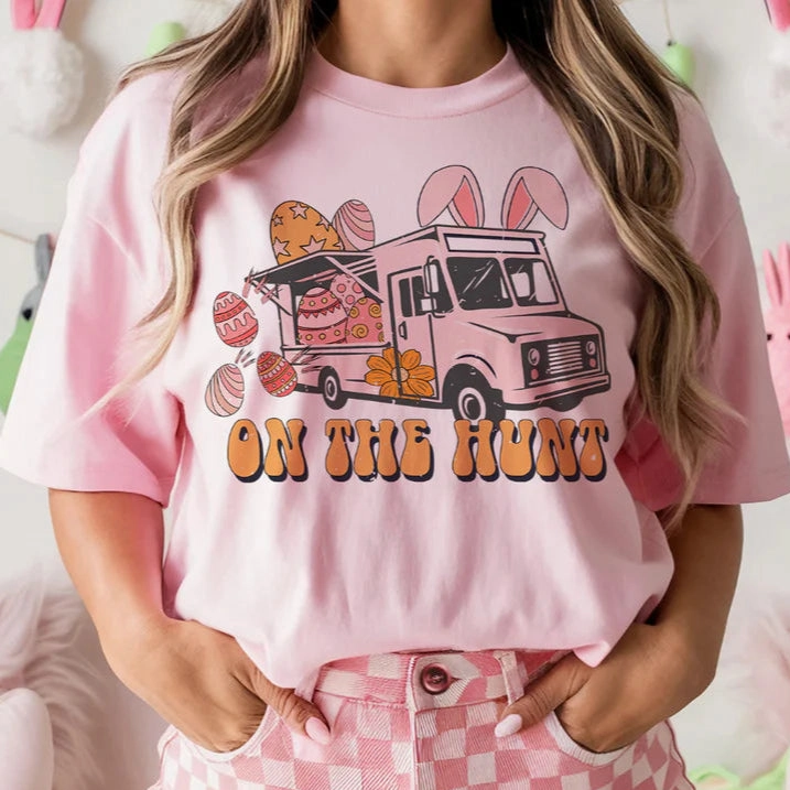 Online Exclusive | On The Hunt Easter Truck Graphic Tee in Light Pink Comfy and Versatile