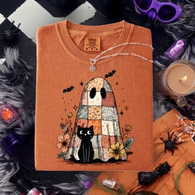 Printed design Recycled Polyester Blend Online Exclusive | Patchwork Ghost Graphic on Short Sleeve Comfort Color Tee in Yam Orange