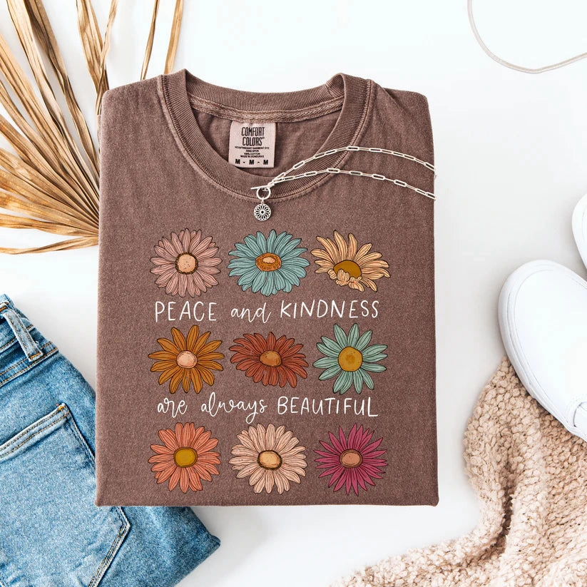 Durable Wear Odor Resistant Treatment Online Exclusive | Peace and Kindness Short Sleeve Comfort Color Graphic Tee in Espresso Brown