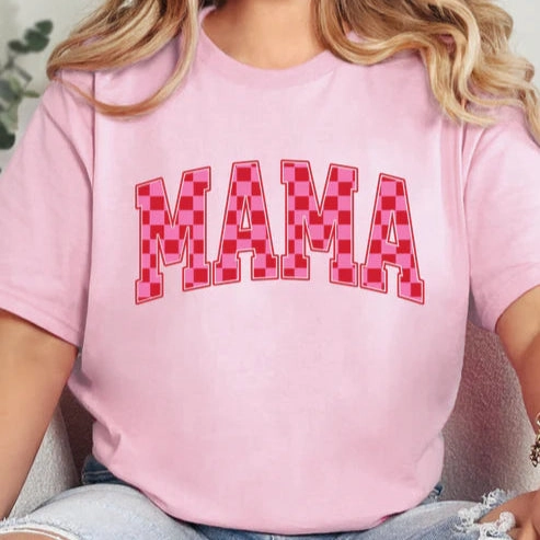 Layering Options Popular Online Exclusive | Pink Checkered MAMA Graphic Tee in Baby Pink