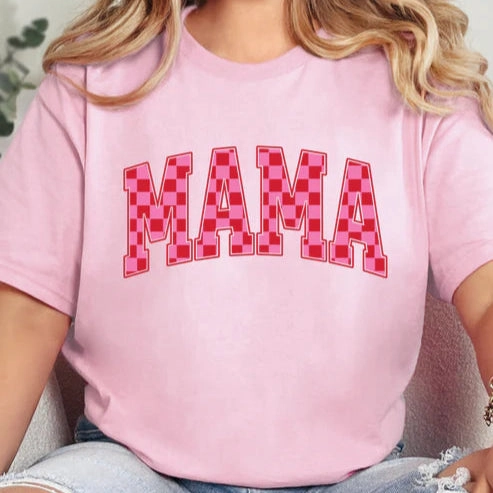 Online Exclusive | Pink Checkered MAMA Graphic Tee in Baby Pink anniversary