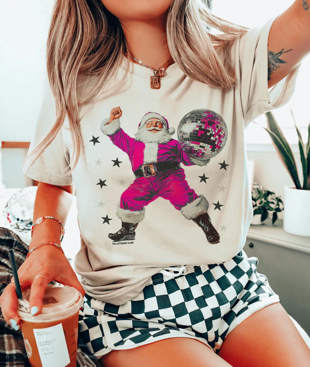 Layered Wear Online Exclusive | Pink Disco Dancing Santa Graphic on Tee & Sweatshirt Options