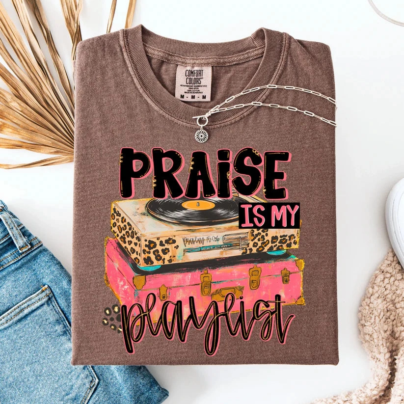 Active Wear Online Exclusive | Praise is My Playlist Comfort Color Graphic Tee in Espresso Brown