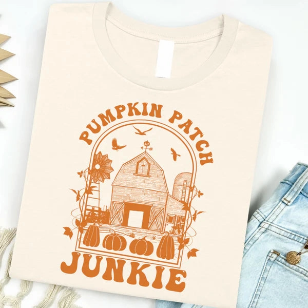 Online Exclusive | Pumpkin Patch Junkie Graphic on Short Sleeve Tee in Natural Cream Smooth Jersey Texture Sporty Stretch Fit