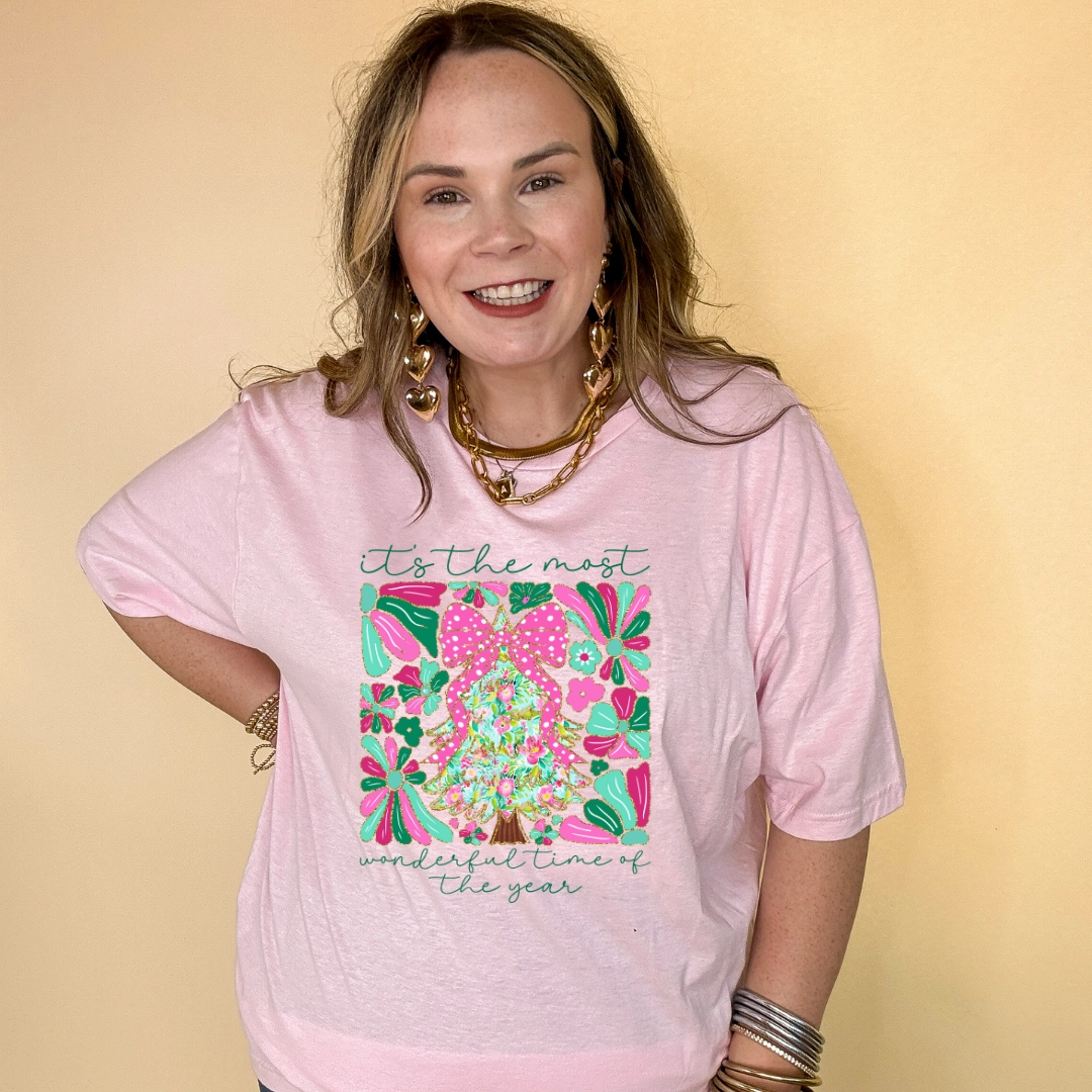 Online Exclusive | "It's the Most Wonderful Time of the Year" Coquette Christmas Tree Graphic Tee in Multiple Color Options Cross Grain Knit