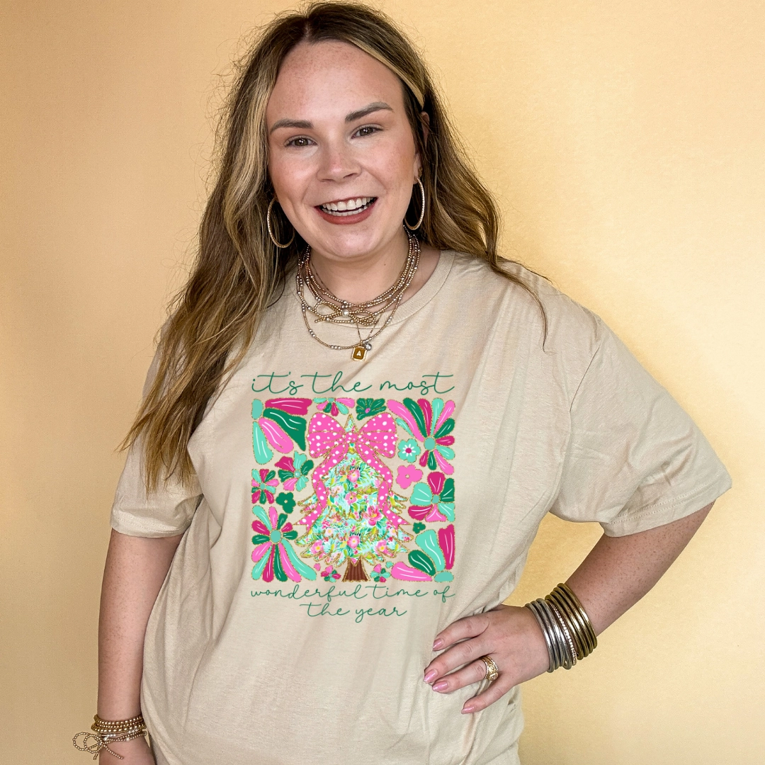 Online Exclusive | "It's the Most Wonderful Time of the Year" Coquette Christmas Tree Graphic Tee in Multiple Color Options Quick Comfort Design Non Irritating Collar