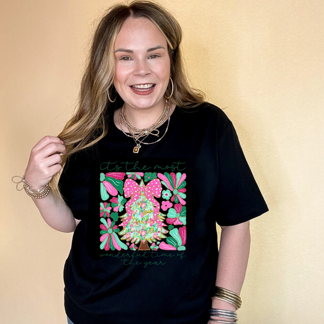 Online Exclusive | "It's the Most Wonderful Time of the Year" Coquette Christmas Tree Graphic Tee in Multiple Color Options Versatile Design comfortable option