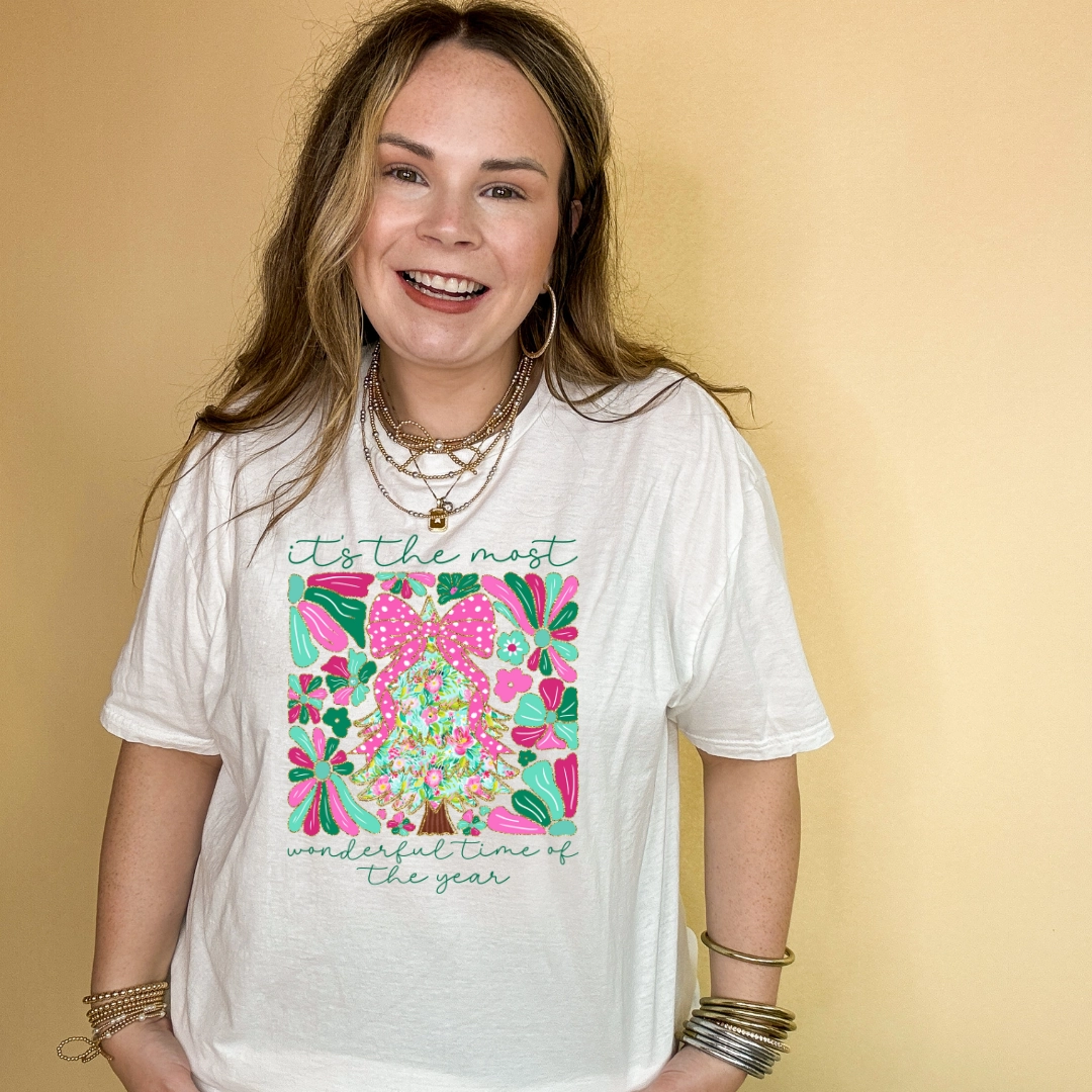 Online Exclusive | "It's the Most Wonderful Time of the Year" Coquette Christmas Tree Graphic Tee in Multiple Color Options Cozy Touch City Casual