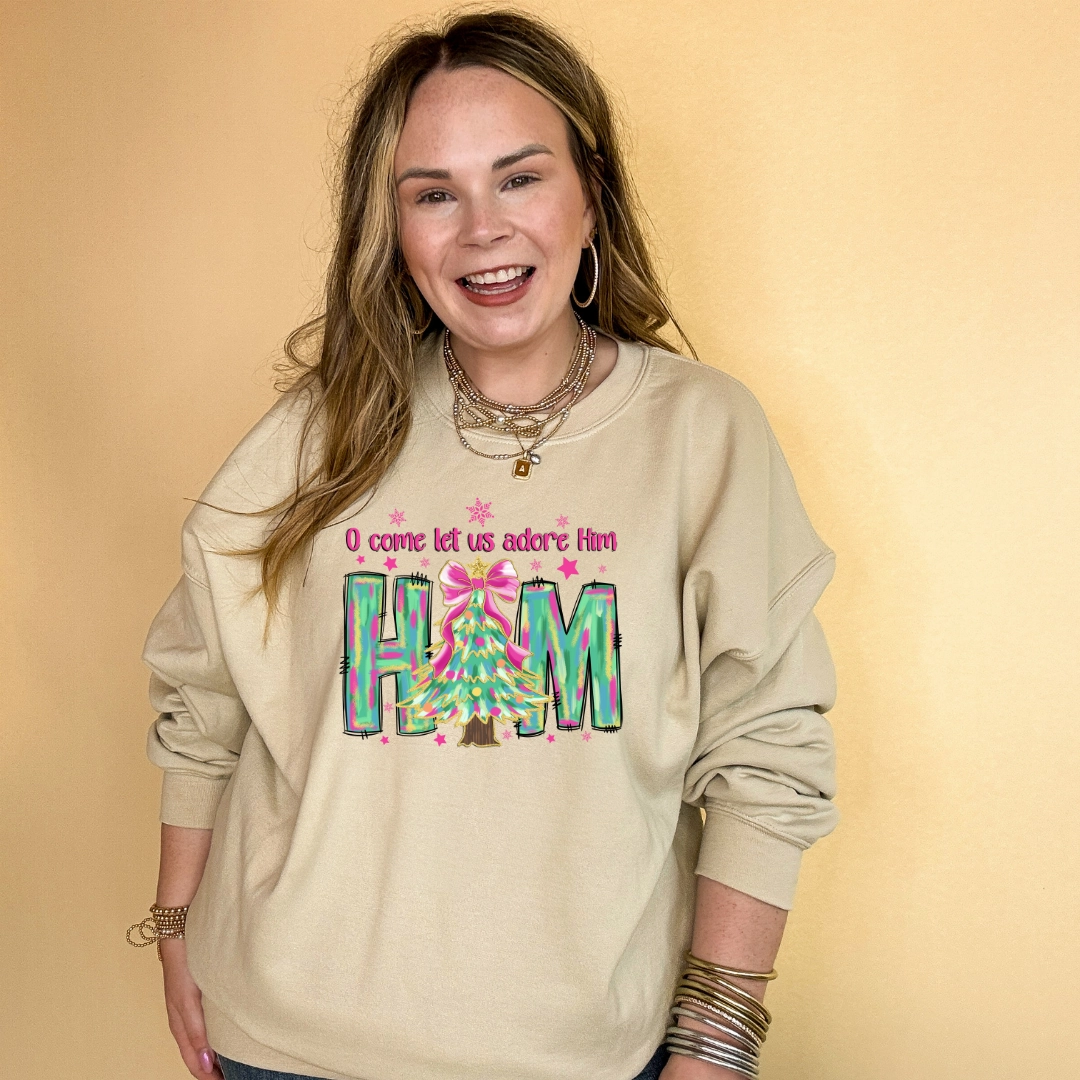 Essential Piece Online Exclusive | "Oh Come Let Us Adore Him" Christmas Tree Graphic Sweatshirt in Multiple Color Options