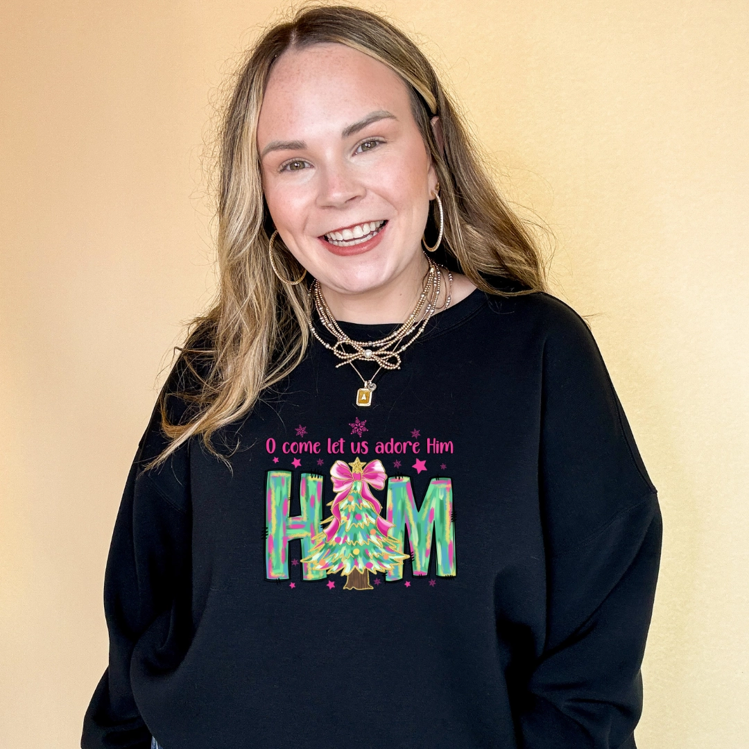 Trendy Piece Sleek Fit Wear Online Exclusive | "Oh Come Let Us Adore Him" Christmas Tree Graphic Sweatshirt in Multiple Color Options
