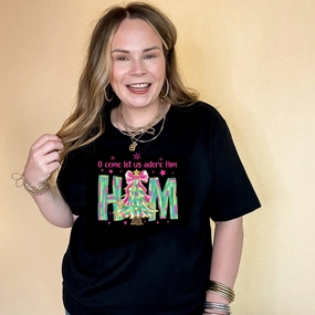 Online Exclusive | "Oh Come Let Us Adore Him" Christmas Tree Graphic Tee in Multiple Color Options Fashion-Forward Fit Seasonal Layering