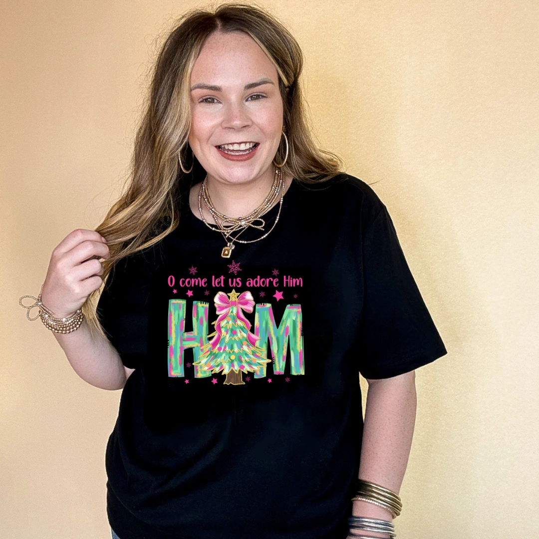 Online Exclusive | "Oh Come Let Us Adore Him" Christmas Tree Graphic Tee in Multiple Color Options Fashion-Forward Fit Seasonal Layering