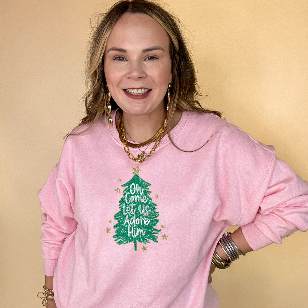 brandable Online Exclusive | "Oh Come Let Us Adore Him" Glitter Christmas Tree With Gold Star Graphic Sweatshirt in Multiple Color Options
