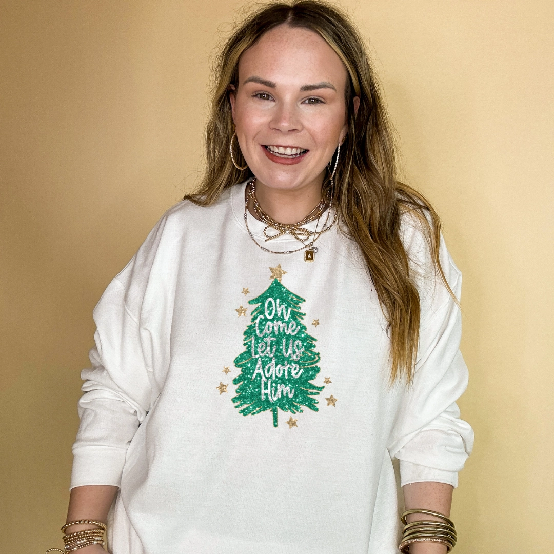 Online Exclusive | "Oh Come Let Us Adore Him" Glitter Christmas Tree With Gold Star Graphic Sweatshirt in Multiple Color Options Anti-pilling