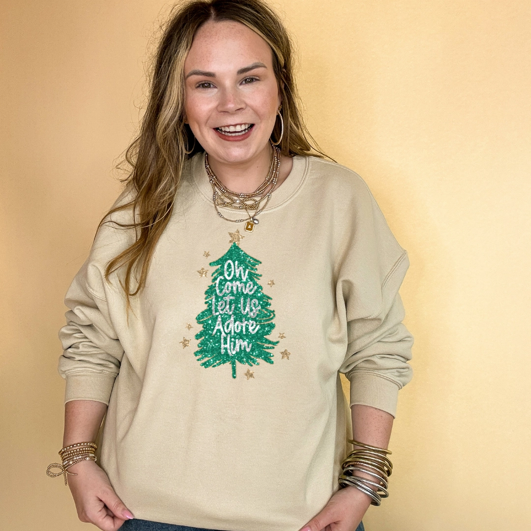 Online Exclusive | "Oh Come Let Us Adore Him" Glitter Christmas Tree With Gold Star Graphic Sweatshirt in Multiple Color Options Casual Style Wear Solid color purity