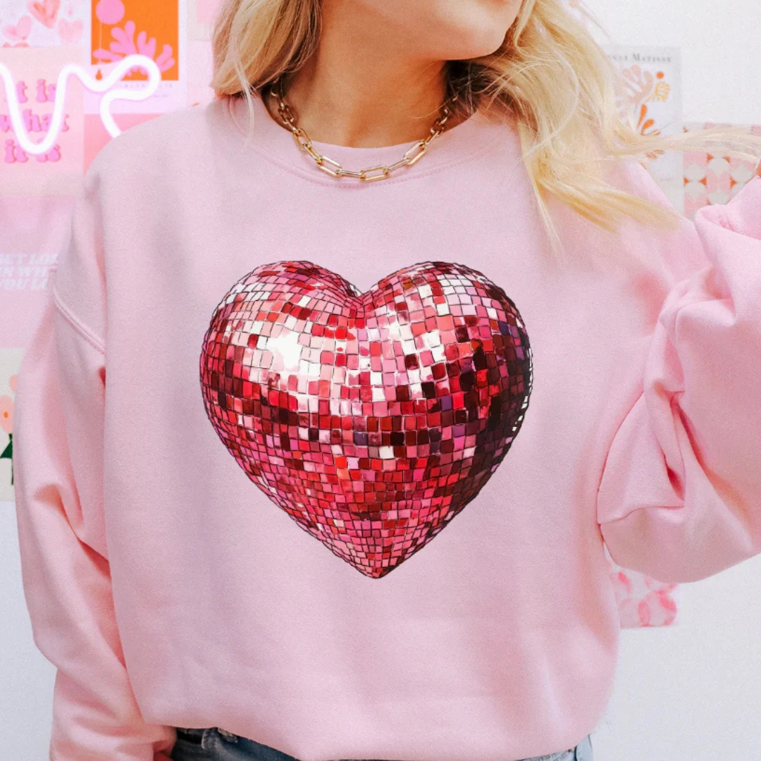 Eco Conscious Production Distressed Hem Finish Online Exclusive | Red Disco Ball Heart Graphic Sweatshirt in Pink