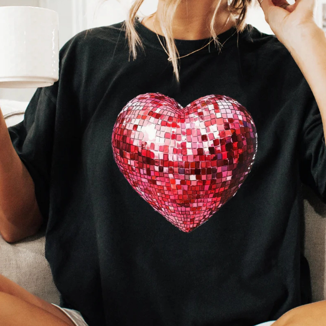 Non Irritating Collar Online Exclusive | Red Disco Ball Heart Graphic Tee in Black